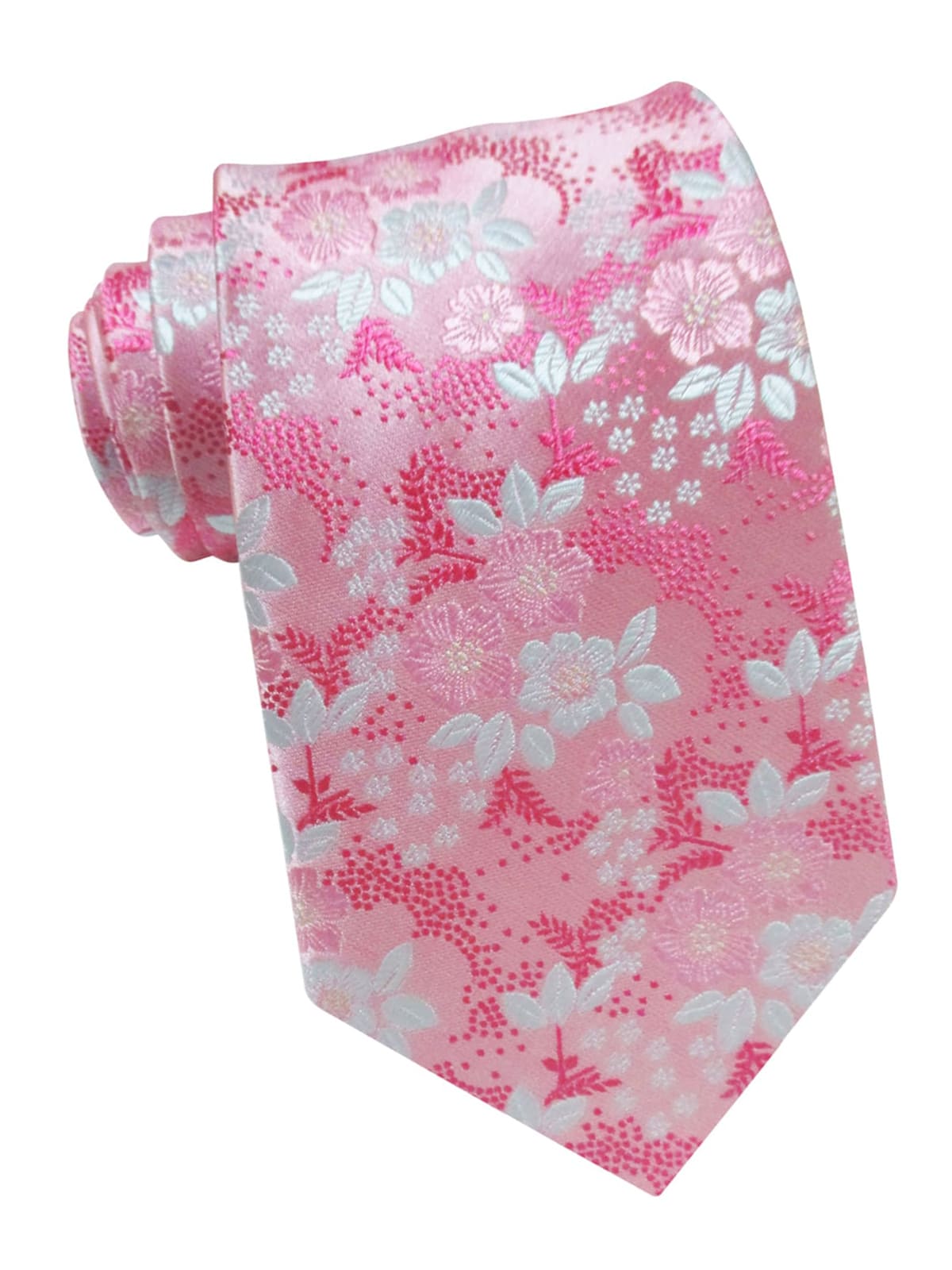 Corbata Seda Jacquard Elaborada A Mano Color Rosa Flores Rosas Y