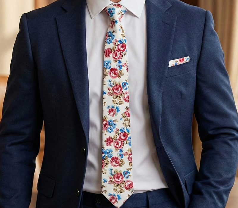 CORBATA NIÑO ALGODON BLANCA ESTAMPADO FLORES ROJAS