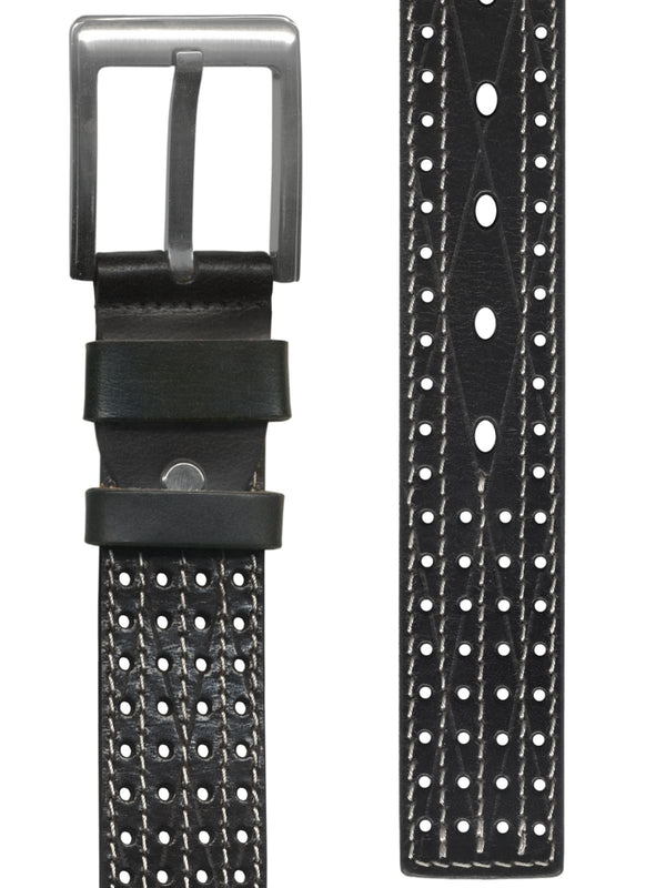 cinturon hombre piel calada negro pespuntes blancos