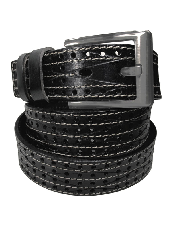 cinturon hombre piel calada negro pespuntes blancos