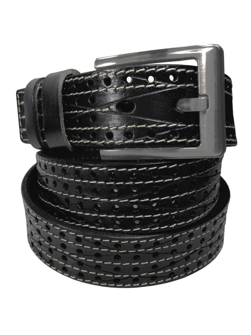 cinturon hombre piel calada negro pespuntes blancos