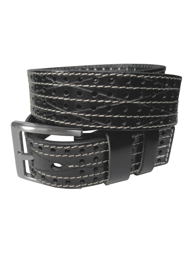 cinturon hombre piel calada negro pespuntes blancos