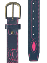 cinturon piel rociero azul marino - rosa fucsia