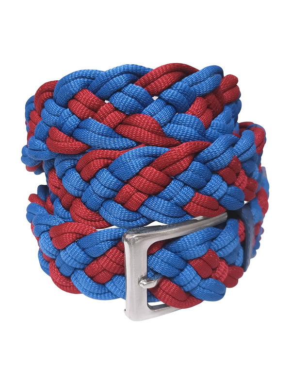 cinturon textil trenzado grueso azul y rojo