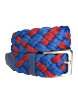 cinturon textil trenzado grueso azul y rojo
