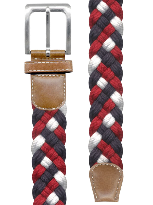 cinturon textil trenzado color blanco azul marino y rojo