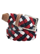 cinturon textil trenzado color blanco azul marino y rojo