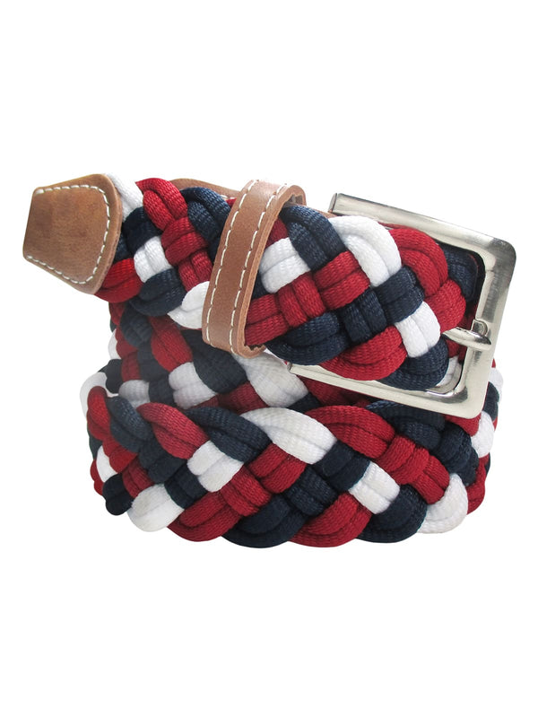 cinturon textil trenzado color blanco azul marino y rojo