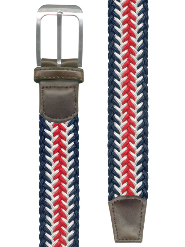 cinturon textil trenzado blanco rojo y azul marino