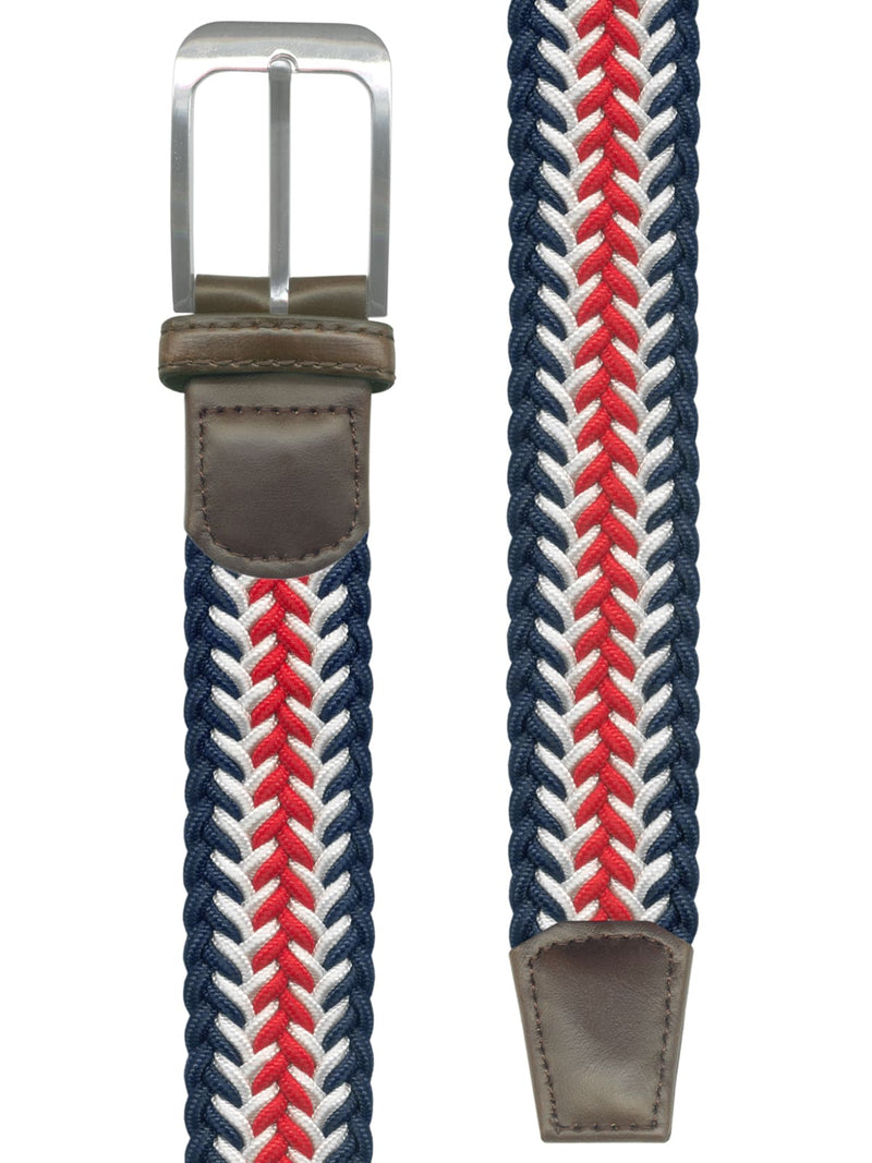 cinturon textil trenzado blanco rojo y azul marino