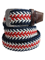 cinturon textil trenzado blanco rojo y azul marino