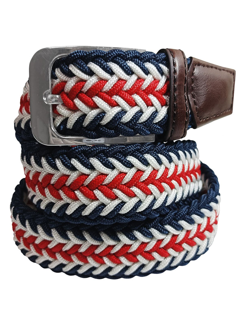 cinturon textil trenzado blanco rojo y azul marino