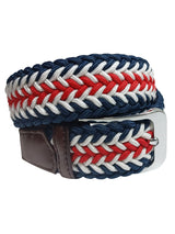 cinturon textil trenzado blanco rojo y azul marino