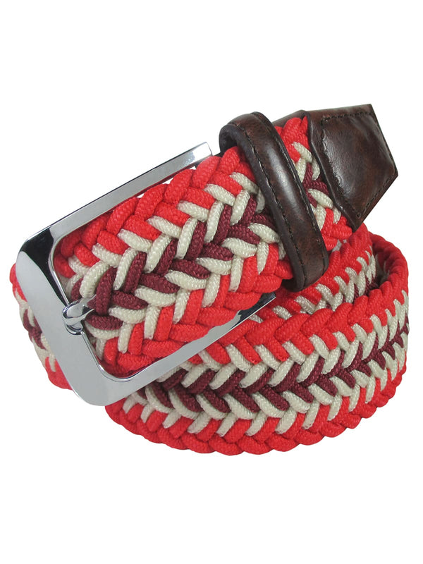 cinturon textil trenzado rojo beige y granate