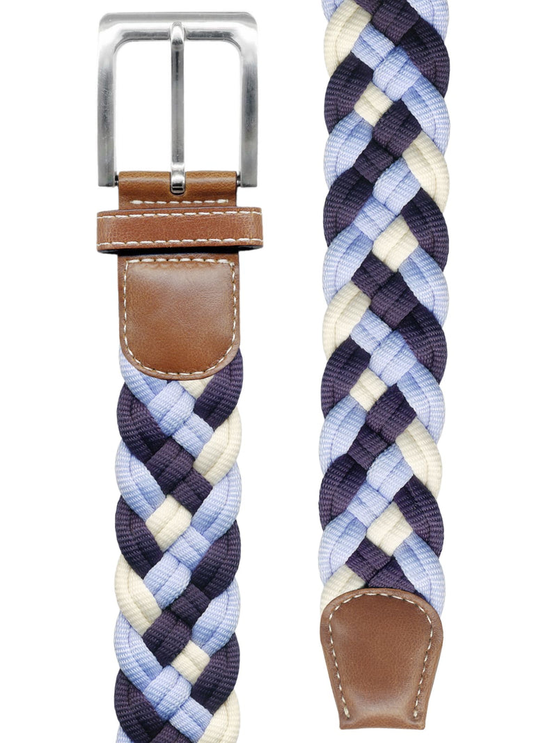 cinturon textil trenzado color marfil celeste y azul marino