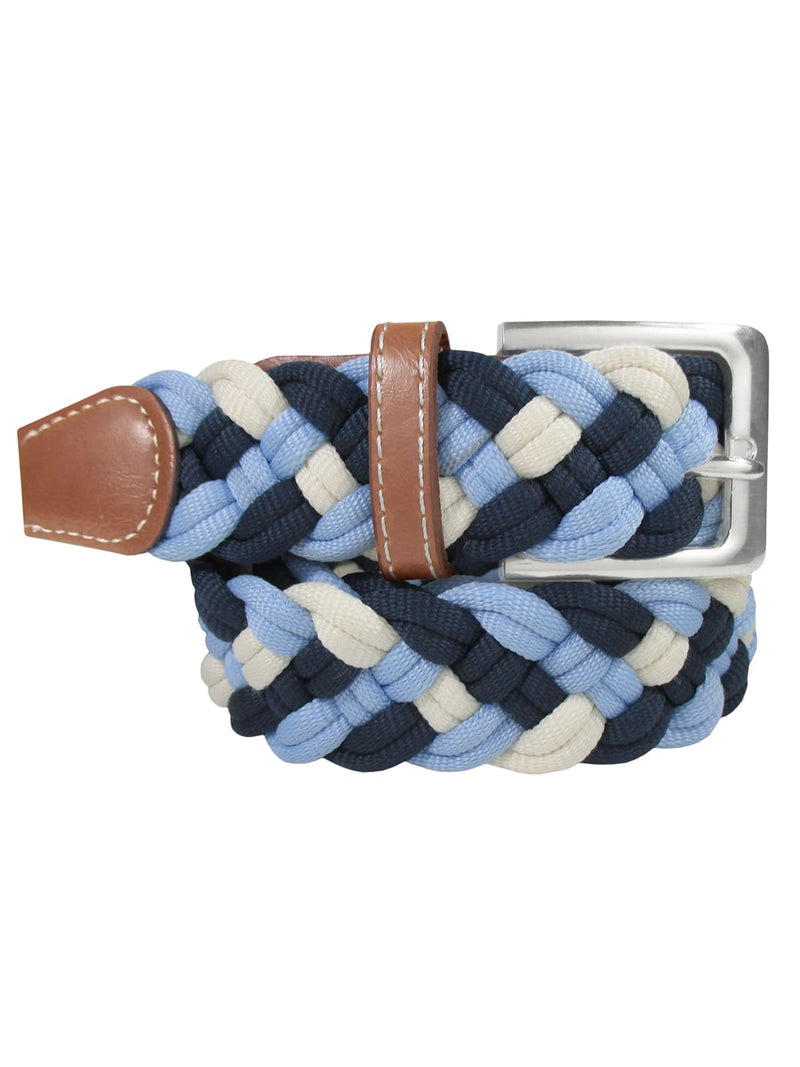 cinturon textil trenzado color marfil celeste y azul marino