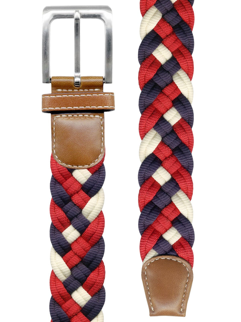 cinturon textil trenzado color marfil azul marino y rojo