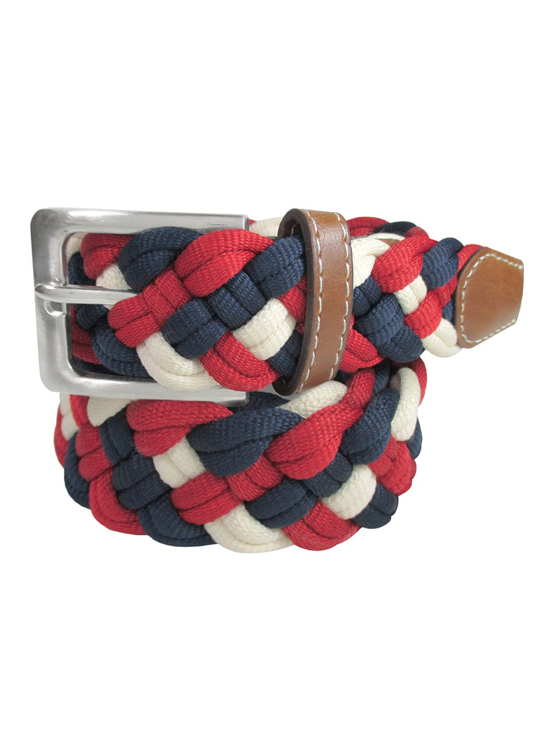 cinturon textil trenzado color marfil azul marino y rojo