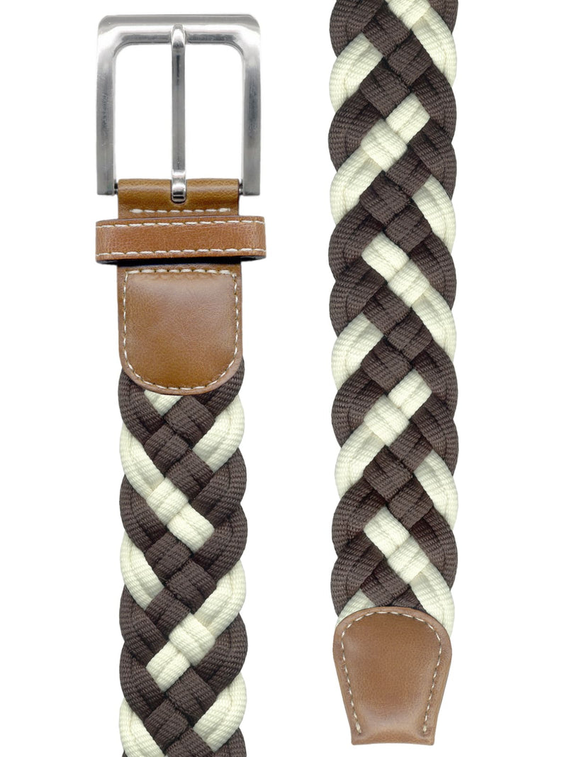 cinturon textil trenzado color marfil y marron oscuro