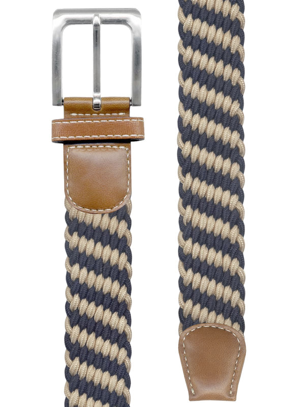 cinturon trenzado elastico beige y azul marino