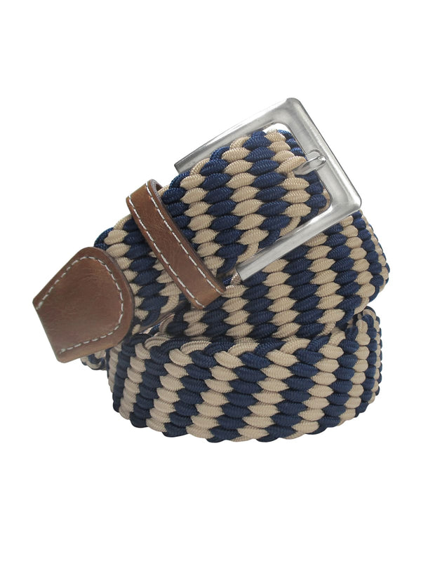 cinturon trenzado elastico beige y azul marino