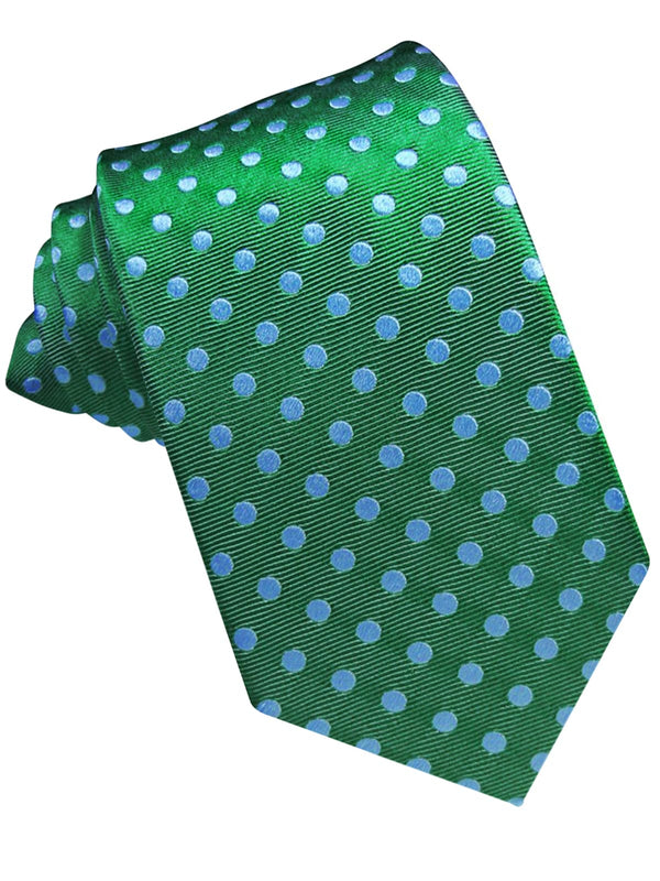 CORBATA SEDA VERDE CON TOPOS CELESTES