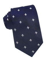 corbata seda azul marino flor de lis blanca