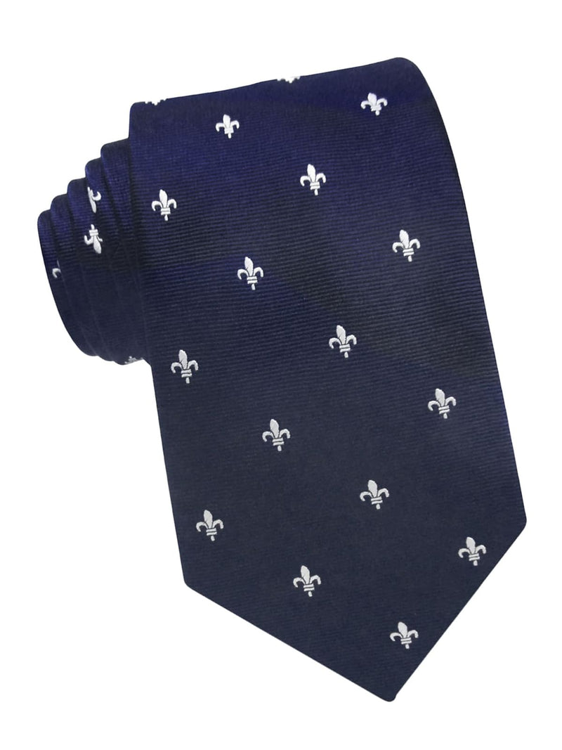 corbata seda azul marino flor de lis blanca