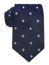 corbata seda azul marino flor de lis blanca