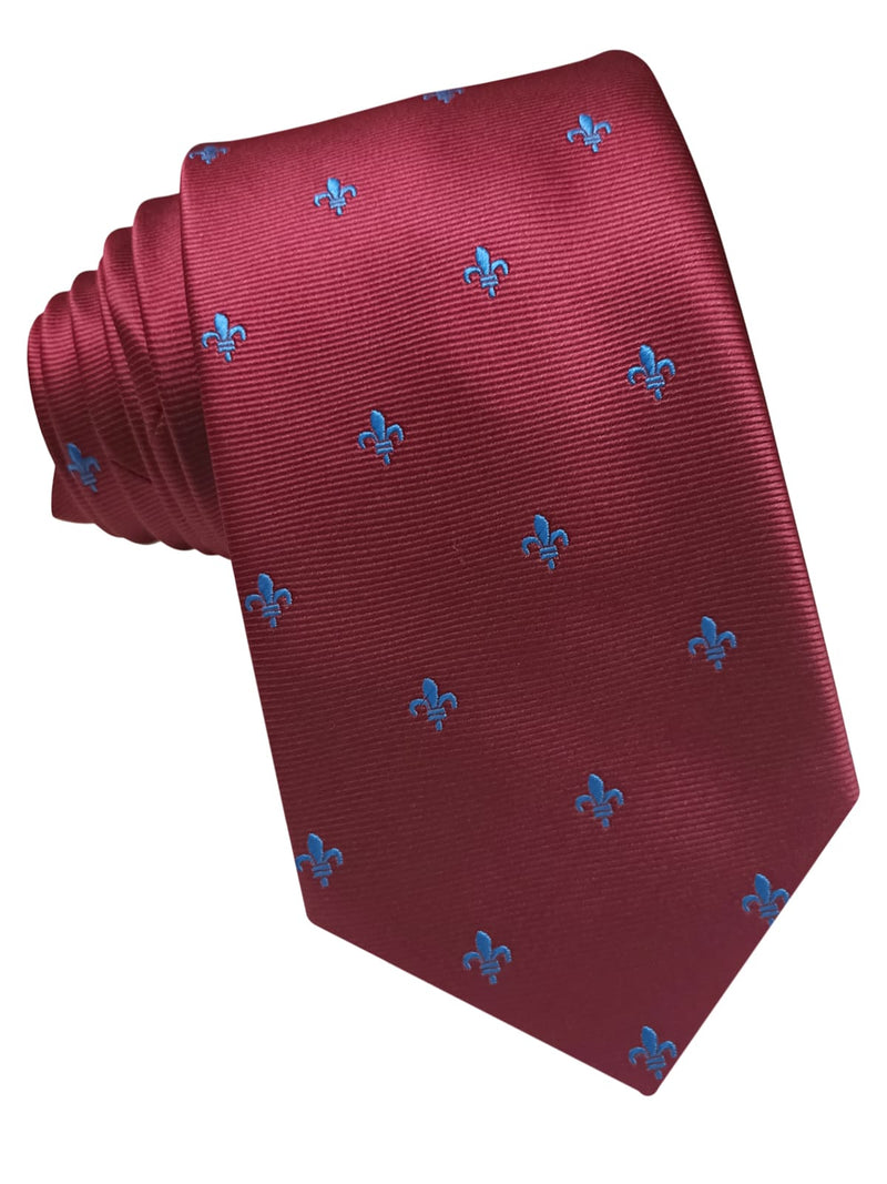 corbata seda roja con flor de lis en azul