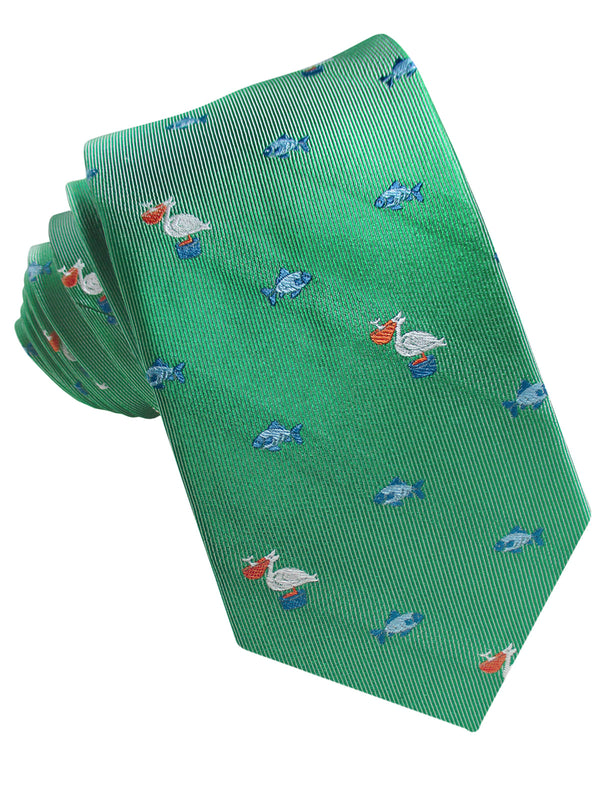 CORBATA SEDA VERDE PELICANOS Y PECES