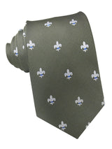corbata seda verde caqui flor de lis blanca