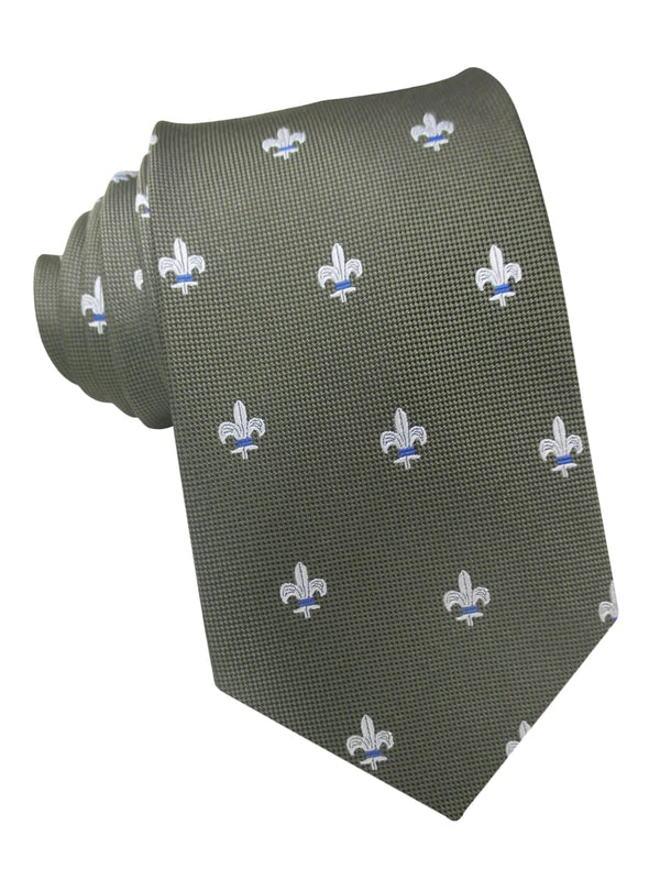 corbata seda verde caqui flor de lis blanca