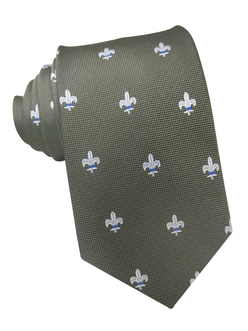 corbata seda verde caqui flor de lis blanca