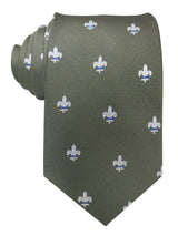 corbata seda verde caqui flor de lis blanca