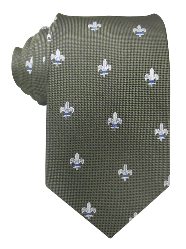 corbata seda verde caqui flor de lis blanca