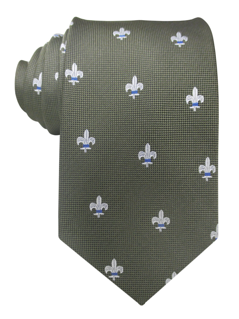 corbata seda verde caqui flor de lis blanca