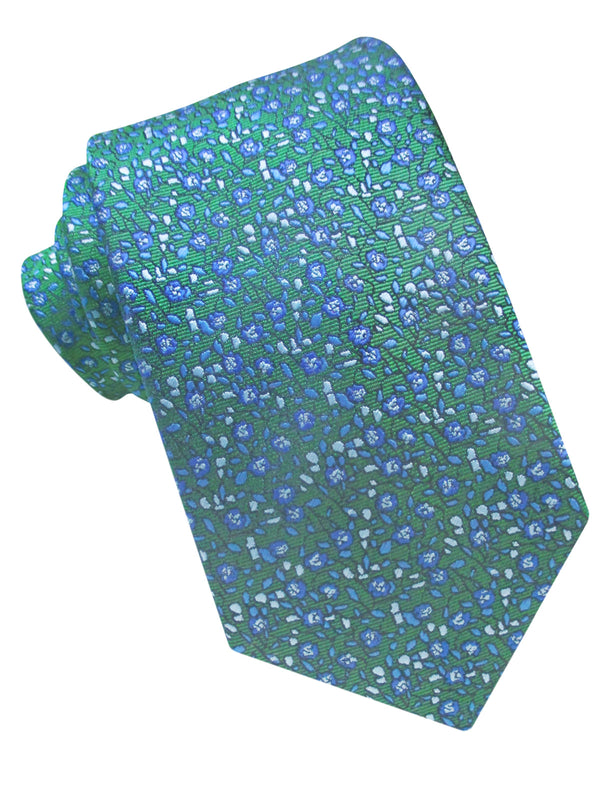 CORBATA SEDA VERDE PEQUEÑAS FLORES AZULES