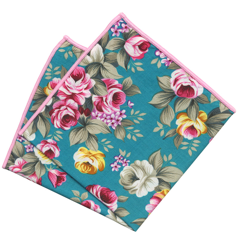 pañuelo bolsillo algodon azul turquesa flores