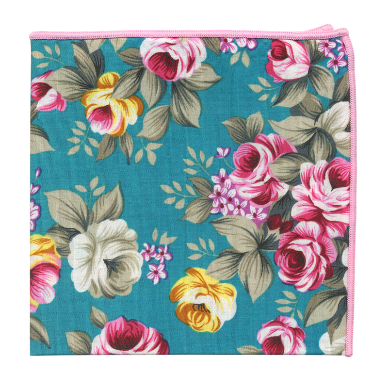 pañuelo bolsillo algodon azul turquesa flores