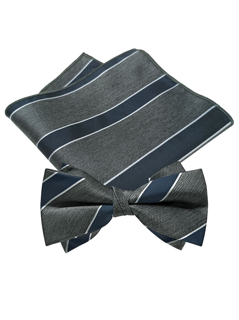 set pajarita y pañuelo franjas gris y azul marino