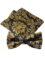 set pajarita y pañuelo negro motivo floral en purpurina oro