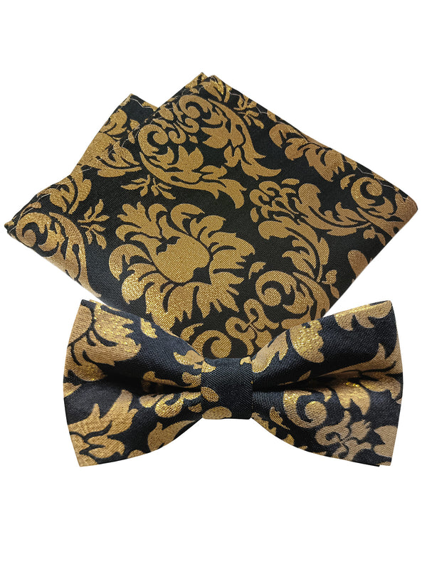 set pajarita y pañuelo negro motivo floral en purpurina oro