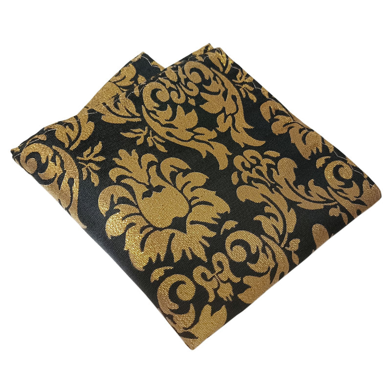 set pajarita y pañuelo negro motivo floral en purpurina oro