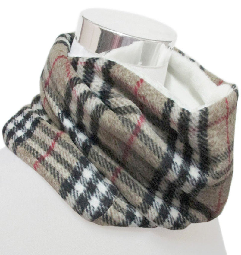 BUFANDA CUELLO CUADROS TARTAN TOSTADO FORRO POLAR BLANCO