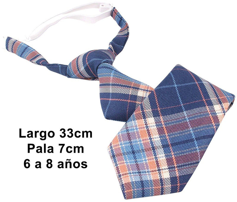 CORBATA NIÑO TARTAN AZUL Y NARANJA