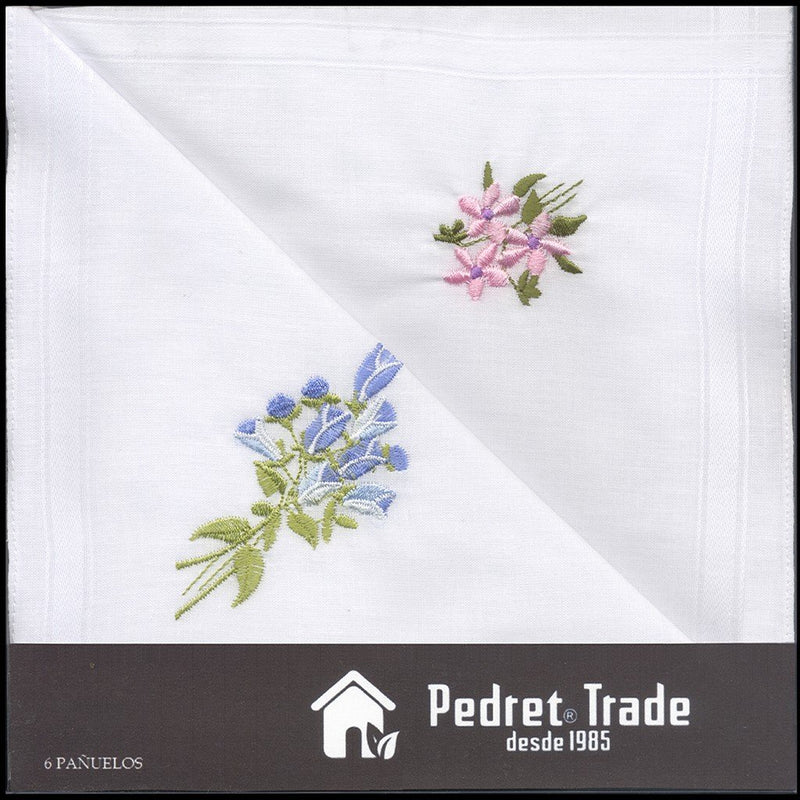 PAÑUELOS ALGODON MUJER ESTUCHE 6 UNIDADES BLANCOS FLORES BORDADAS COLOR