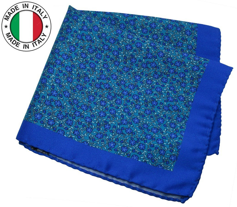 PAÑUELO DE BOLSILLO SEDA ESTAMPADA AZUL MOTIVO FLORAL