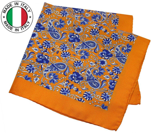 PAÑUELO DE BOLSILLO SEDA ESTAMPADA NARANJA AMEBAS AZULES