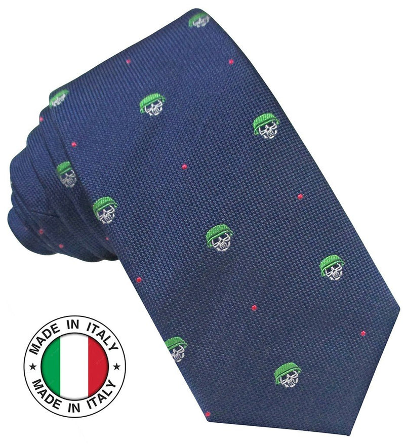 CORBATA NIÑO SEDA AZUL MARINO CALAVERAS CASCO VERDE